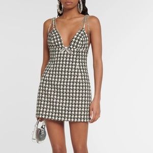 AREA NWT Crystal Draped Houndstooth Mini Dress Black White Wool 6